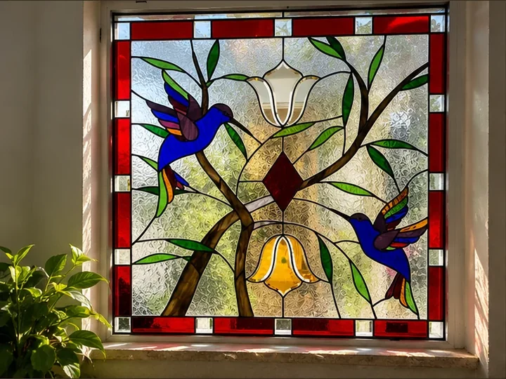Vitral con colibríes entre ramas y flores