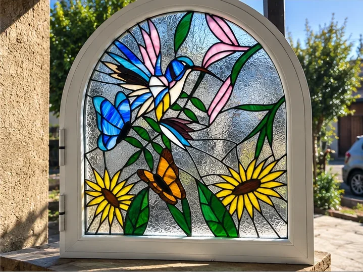 Vitral arqueado con colibrí y girasoles