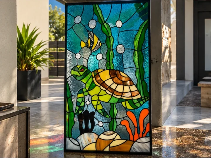 Vitral de una tortuga bajo el mar
