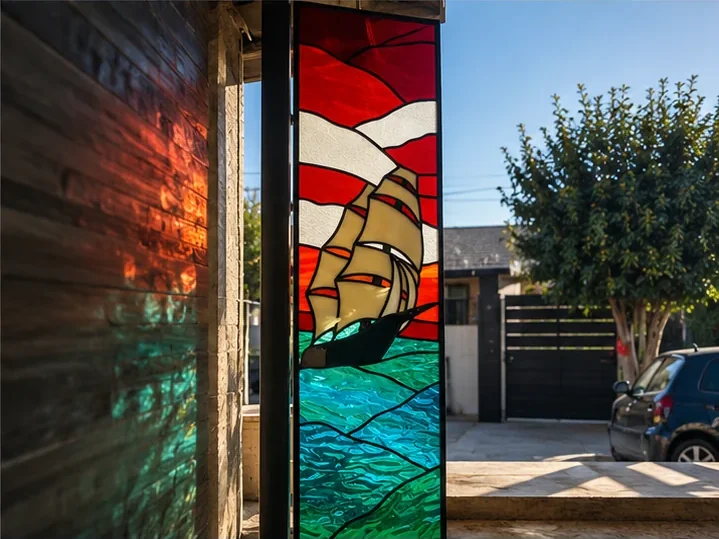 Vitral de un velero sobre el mar