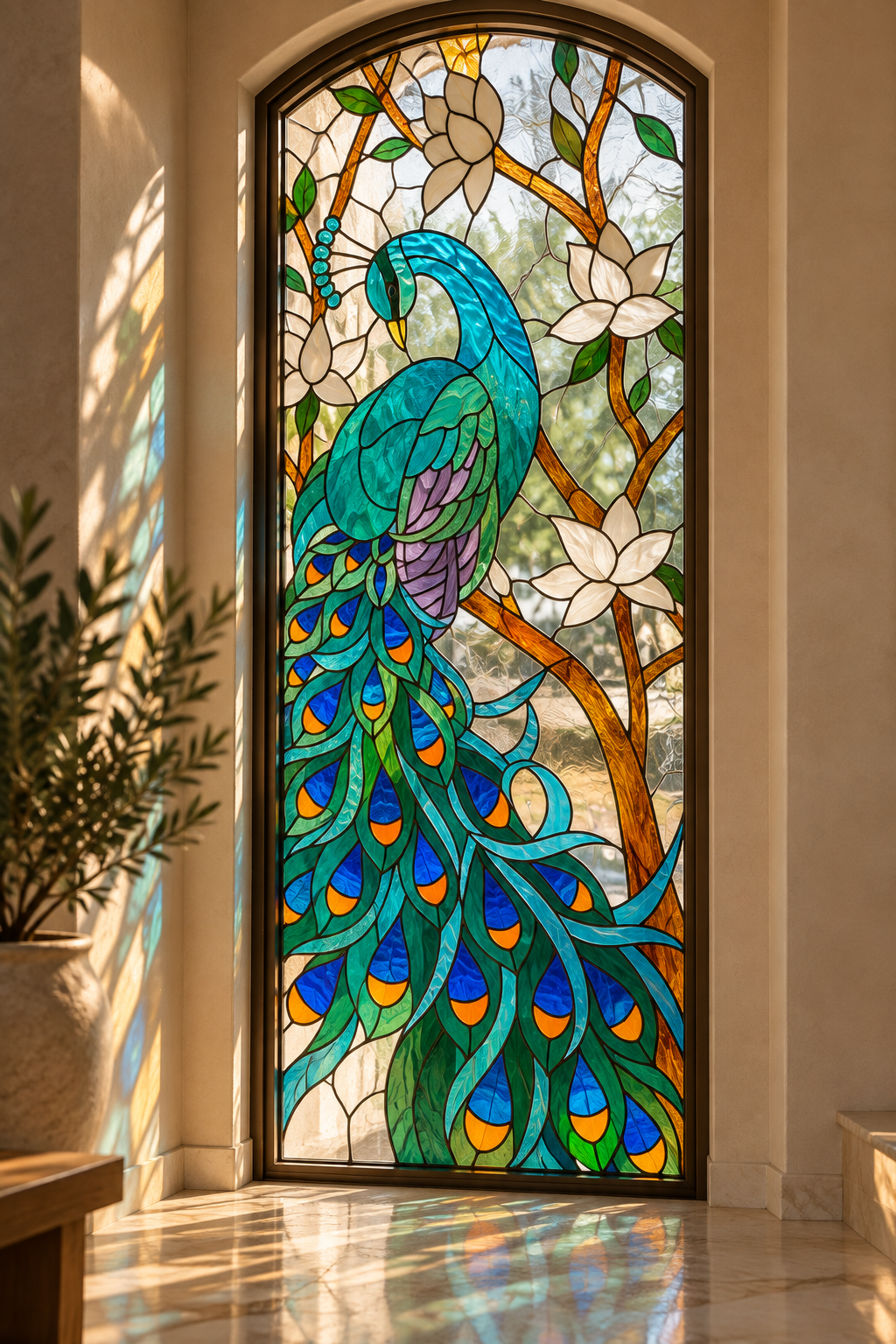 Vitral colorido con un colibrí y flores