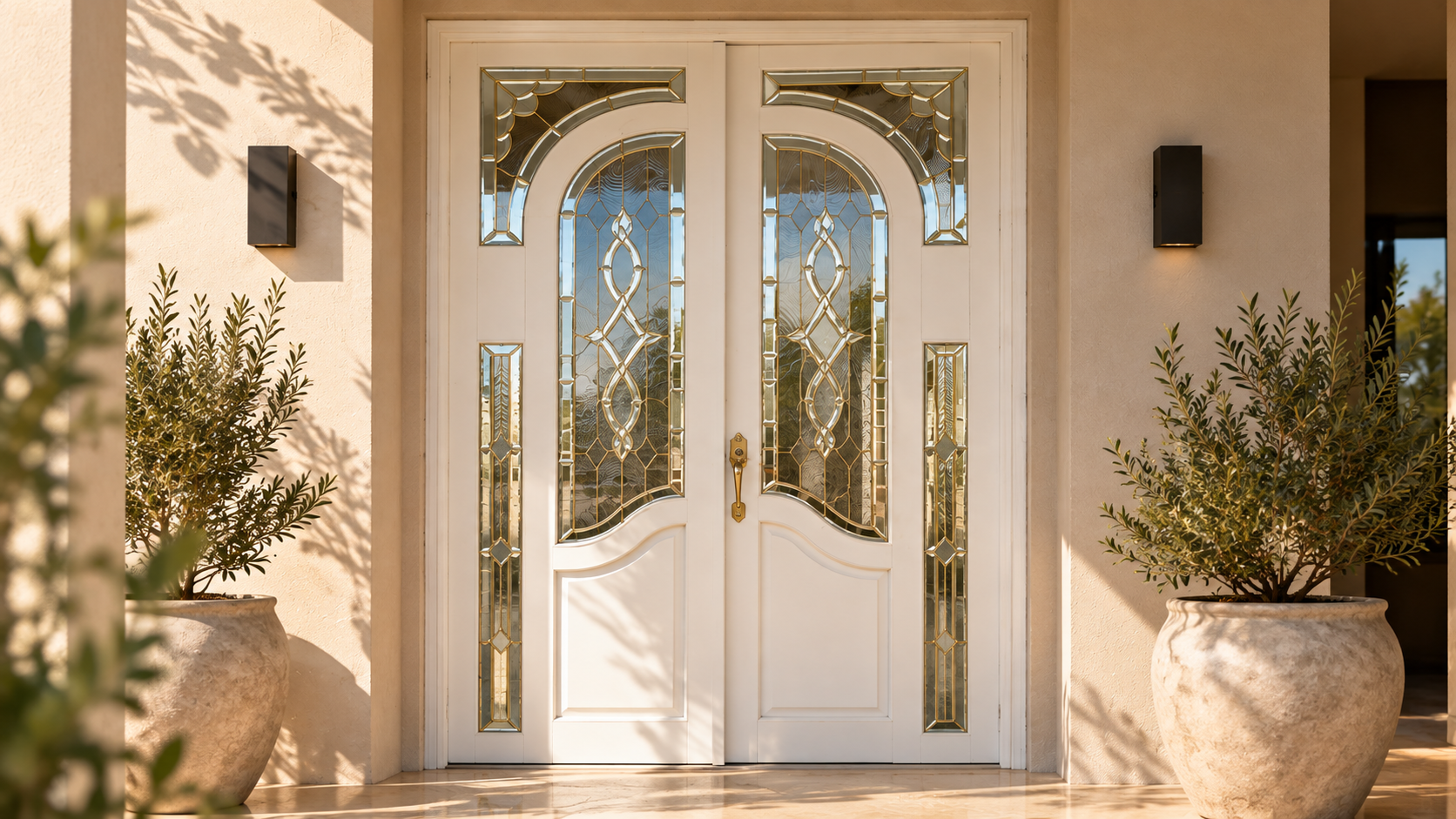 Puerta doble con vitrales decorativos de Vitralia Azteca