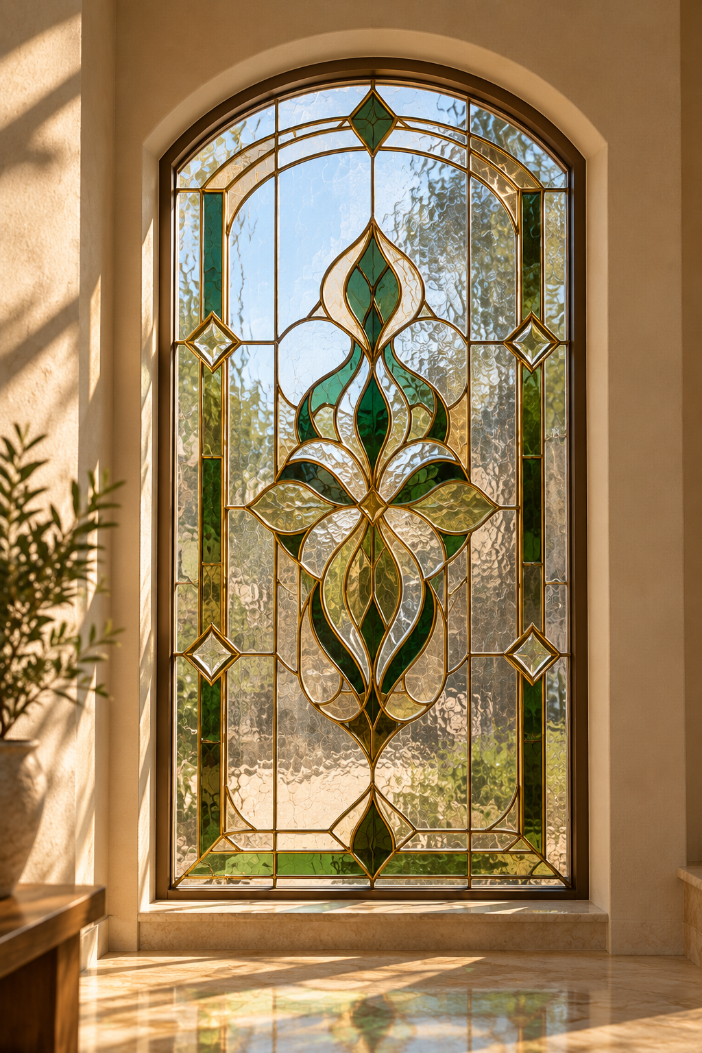 Ventana arqueada con diseño floral de vitral