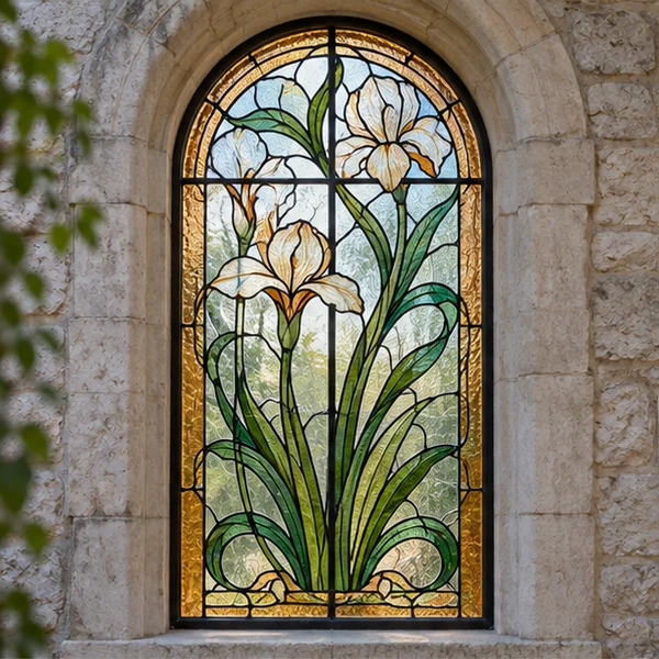 Ventanal arqueado con flores blancas y hojas verdes