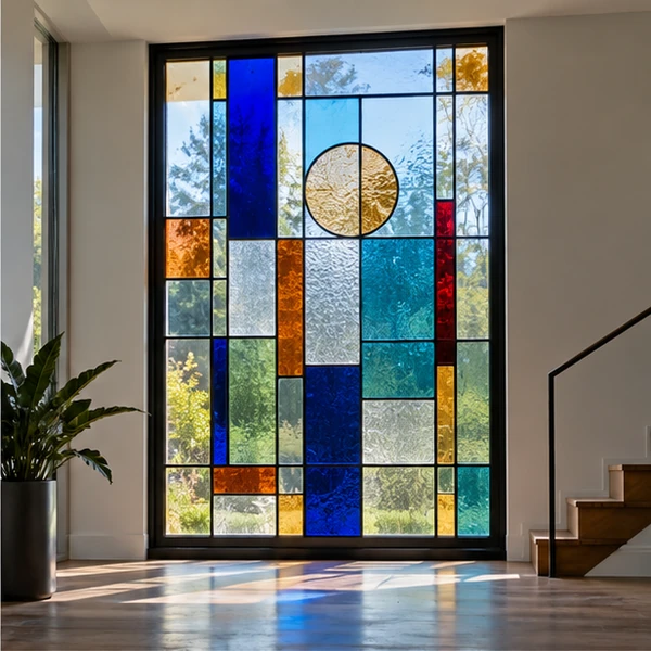 Ventana con composición geométrica de vidrio de colores