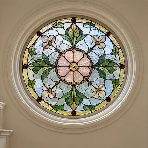 Vitral circular con diseño floral simétrico