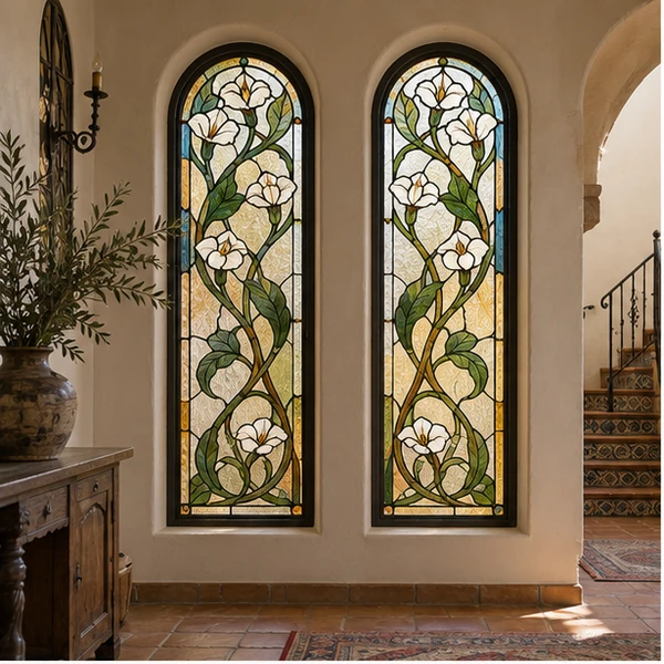 Dos ventanas arqueadas con flores blancas