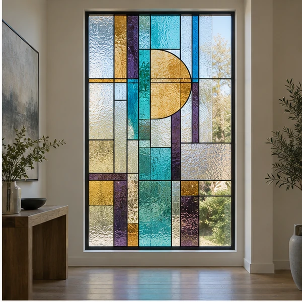 Ventana rectangular con diseño geométrico en tonos azules y dorados