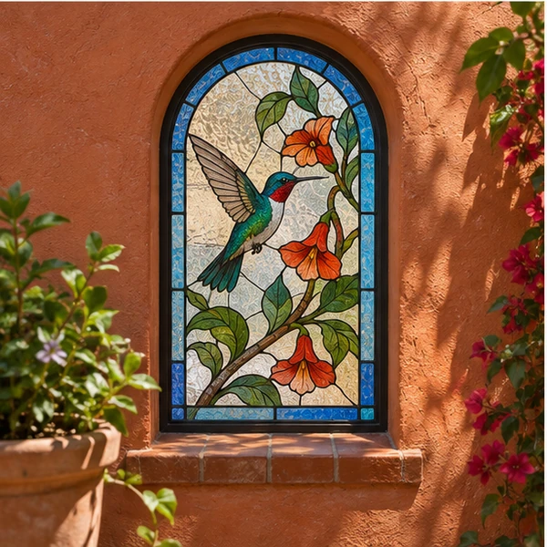 Vitral arqueado con un colibrí y flores naranjas