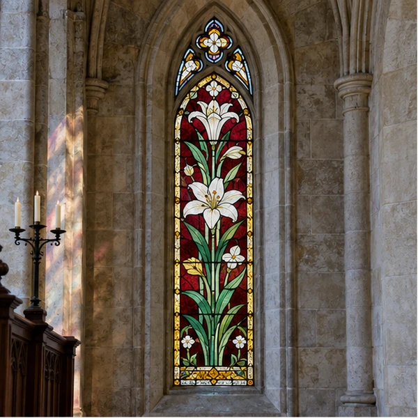 Vitral gótico alto con flores blancas y hojas verdes