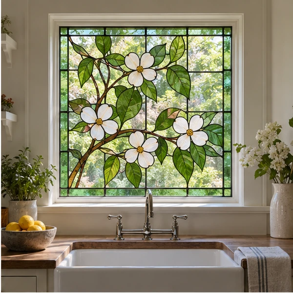 Ventana cuadrada con flores blancas y hojas verdes