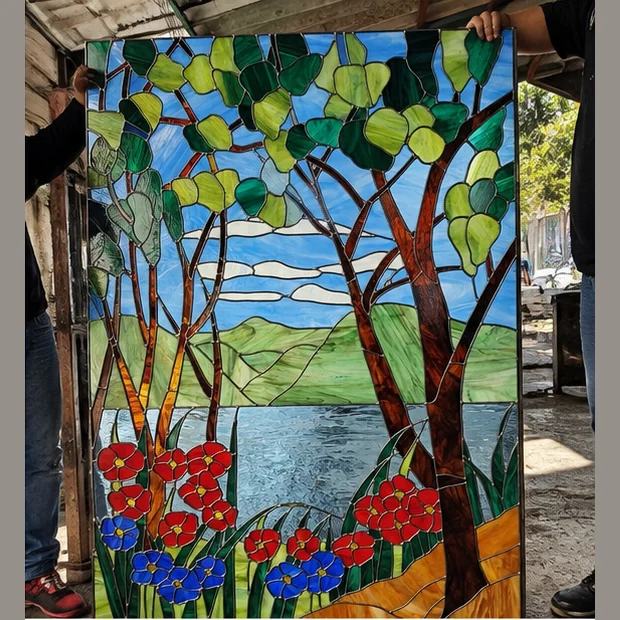 Vitral de árboles junto a un lago